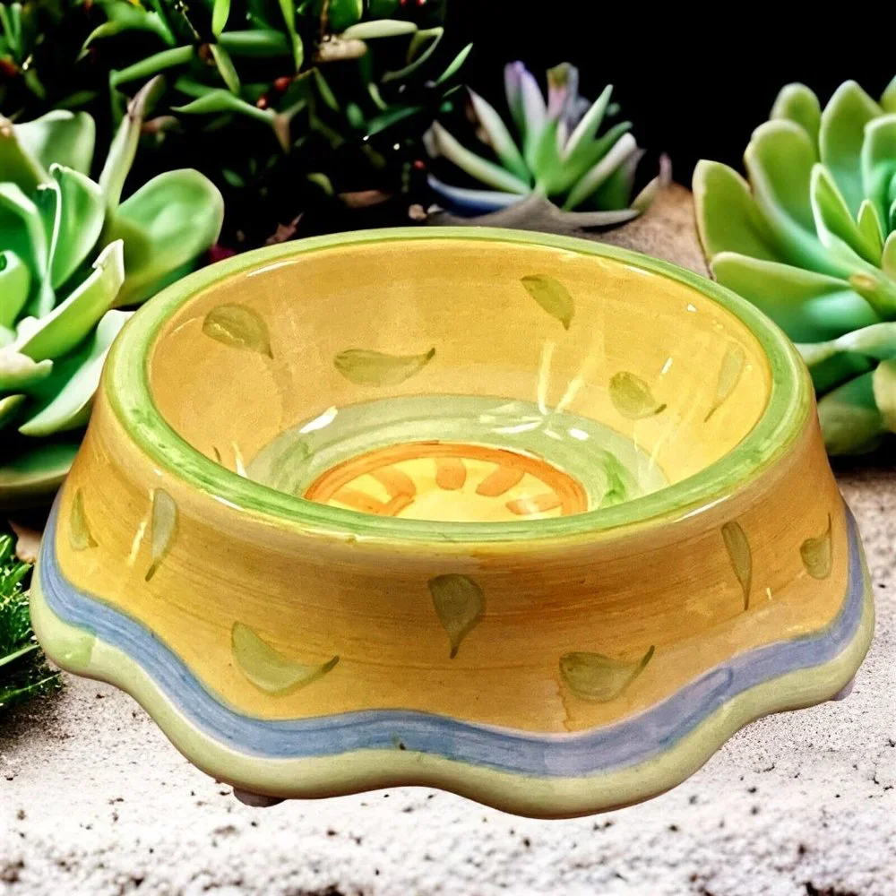 VTG Ceramic Kitty Cat Feeding Bowl/Dish Hand Painted Tabby & Bird Super Cute